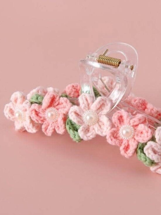 Accessories - Pink Crochet Flower Hair Claw Clip - Handmade Floral Hair Accessory with Pearls